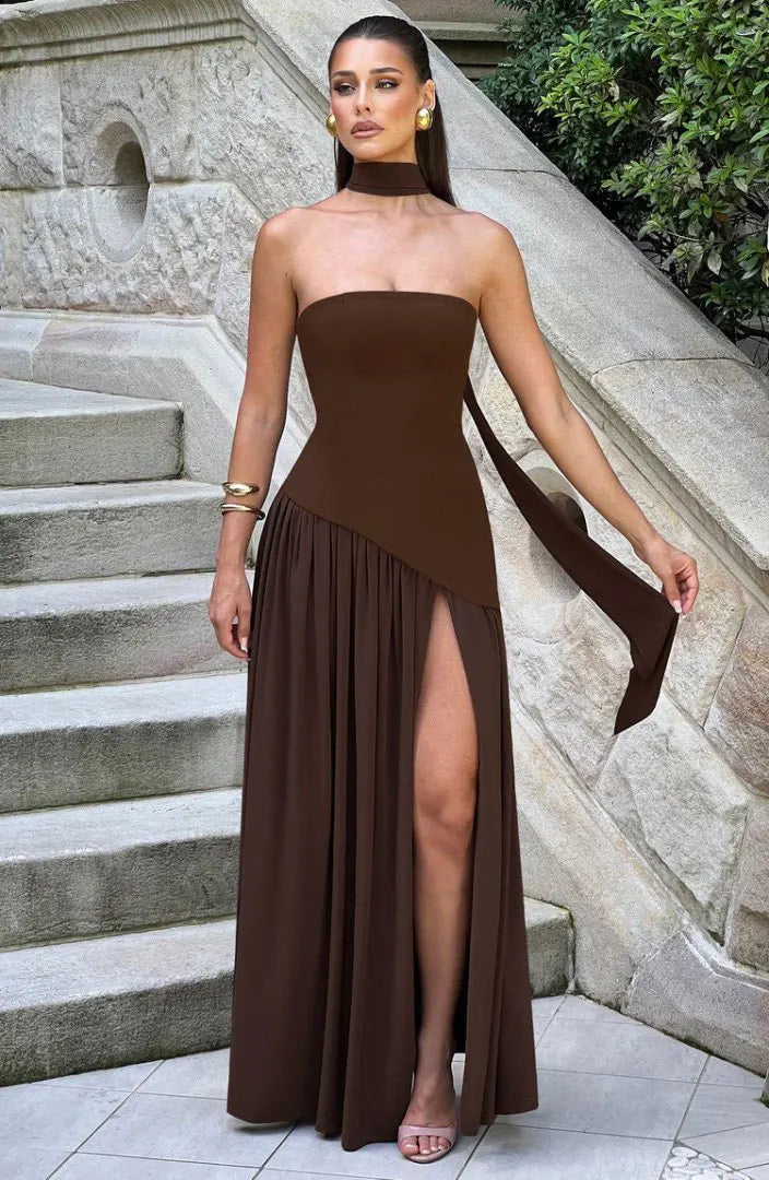 Women Strapless Asymmetrical Maxi Dress with Detachable Neck Wrap Pleated Flowy Long Evening Party Gown