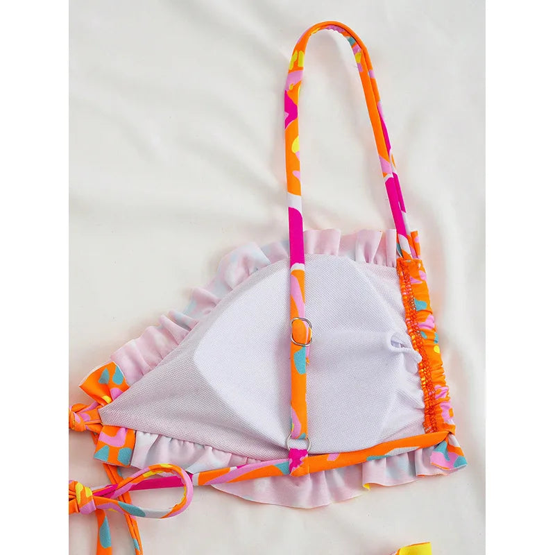 Women 2 Piece Abstract Print Ruffled Bikini Set Spaghetti Strap Front Tie High Waist Bathing Suit Summer Swimsuit for Pool Party
