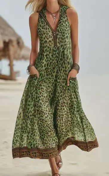 Women Sleeveless Hooded Zip Front Animal Spot Print Midi Dress Loose Flowy Swing Hem Pocket Long Outfit