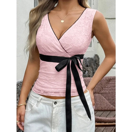 Floral Lace V-Neck Wrap Top Sleeveless Tank Top Satin Bow Waist Tie Slim Fit Blouse Casual Y2K Date Night Women Wear