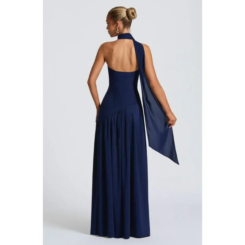 Women Strapless Asymmetrical Maxi Dress with Detachable Neck Wrap Pleated Flowy Long Evening Party Gown