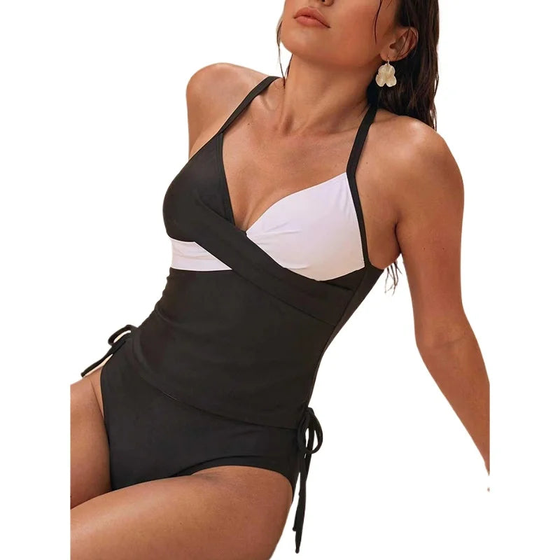 Women Contrast Color Wrap Front Halter Water Sports One Piece Bathing Suit Beach Vacation Adjustable Side Tie Boyleg Swimwear