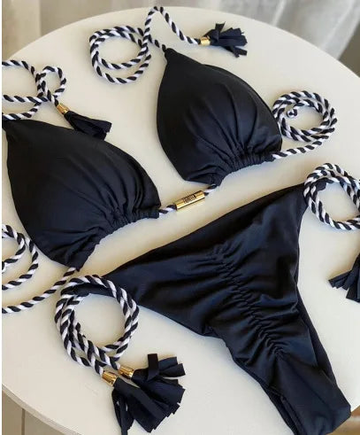Women's Halter Tie Tassel Detail Two Piece Water Outfit Adjustable Side Drawstring Separated Swim Set for Beach Vacation Outfits