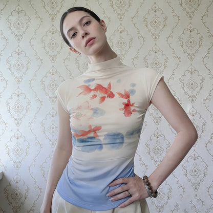 Women's Retro Vacation Style Goldfish Print Contrasting Stand Up Collar Short Sleeved T-shirt Slim Fit Slimming Casual Top