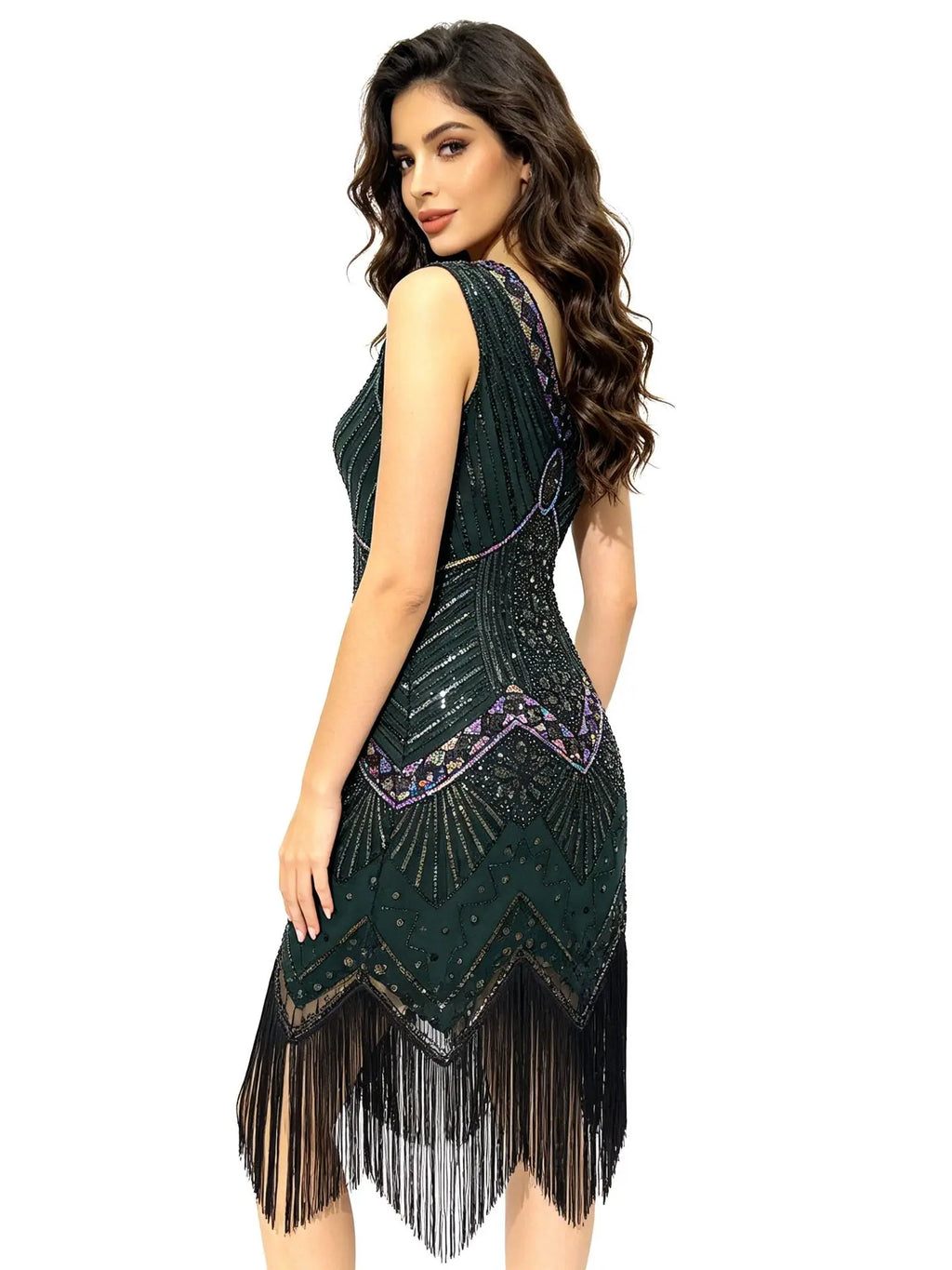 Women 1920s Flapper Dress Vintage Gatsby Beaded Sequin Fringe Midi Dress Sleeveless V Neck Roaring 20s Party Costume