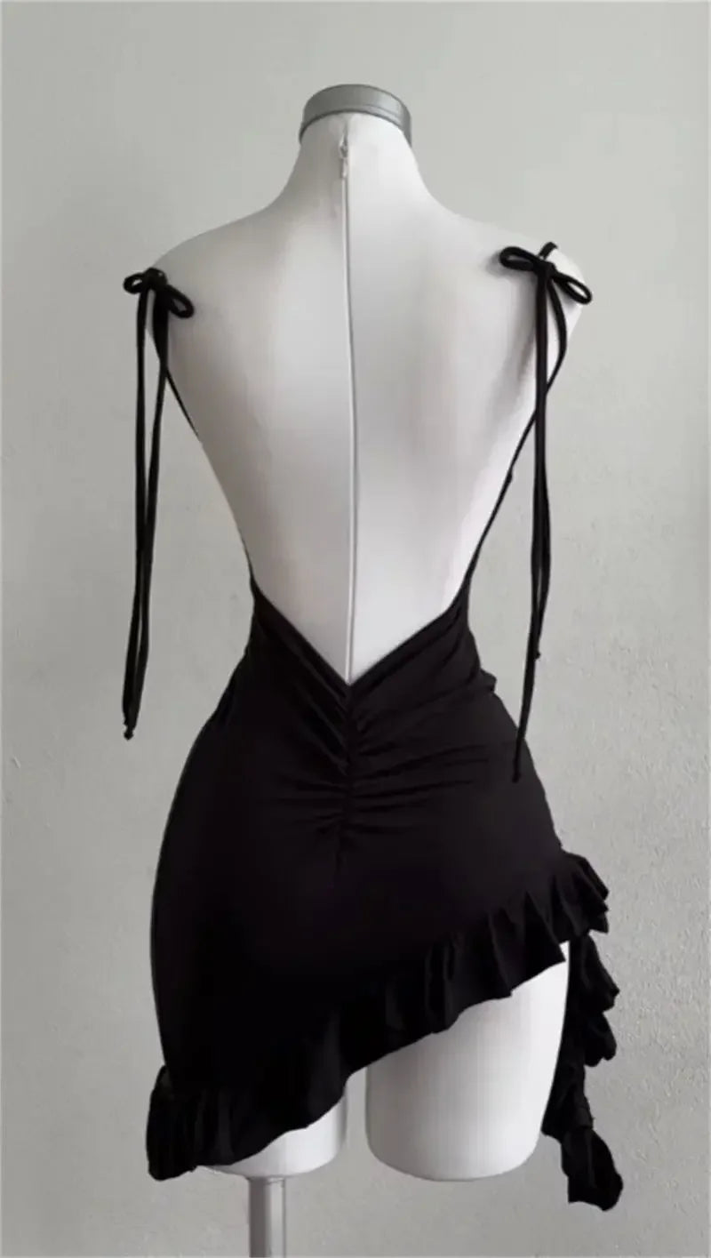 Women Lace Up Black Bodycon Dresses Strapless Backless Mini Dress Party Evening Sexy Slim Fit Ruffles Sundress