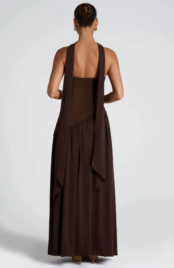 Women Strapless Asymmetrical Maxi Dress with Detachable Neck Wrap Pleated Flowy Long Evening Party Gown