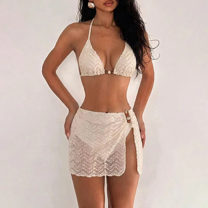 Boho Hollow Knit 3 Piece Swimwear Halter Bikini Top Bottom Sarong Skirt Breathable Lace Bathing Suit for Beach Sunbathing