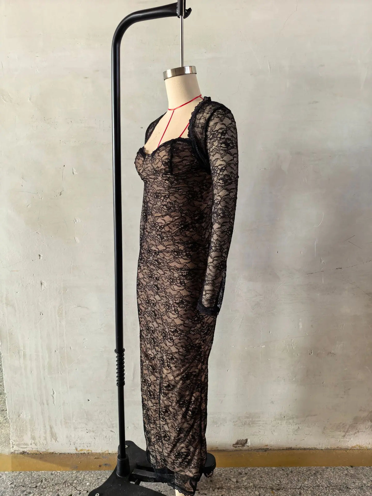Women Halter Thin Strap Bustier Long Sleeve Shrug Sheer Floral Lace Bodycon Maxi Evening Gown Solid See Through Party Dress