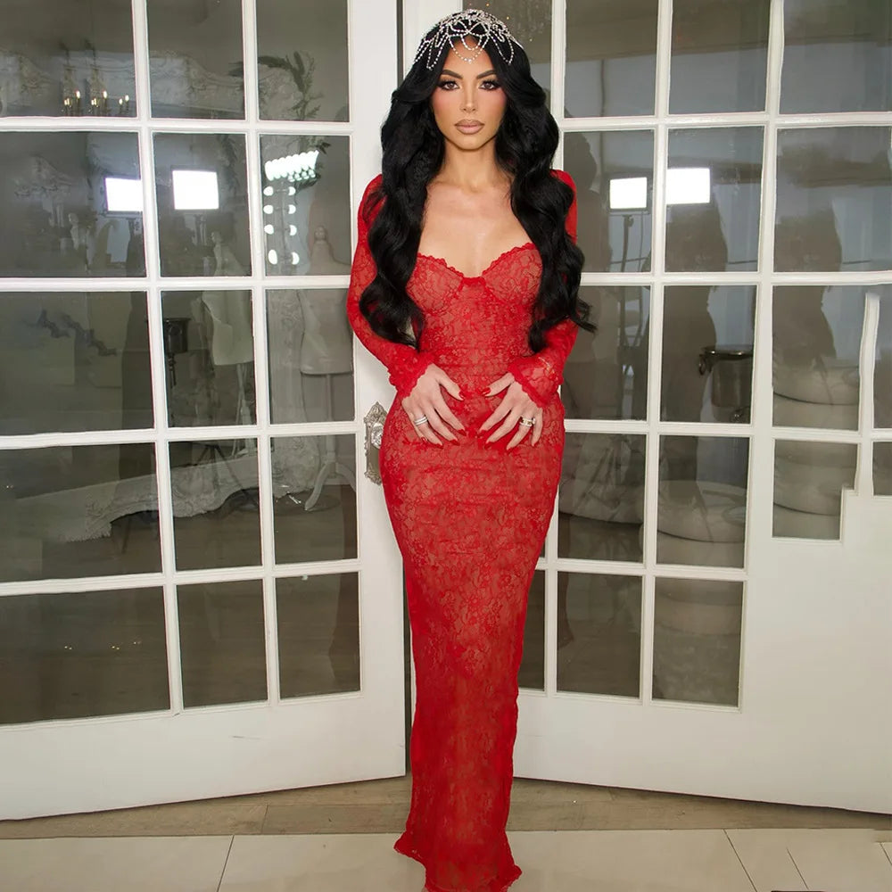 Women Halter Thin Strap Bustier Long Sleeve Shrug Sheer Floral Lace Bodycon Maxi Evening Gown Solid See Through Party Dress