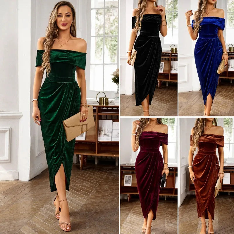 New Summer 2026 Women's Velvet Dress Sexy Off-shoulder Party Fashion Irregular One Shoulder Slim Fit Long Dress
