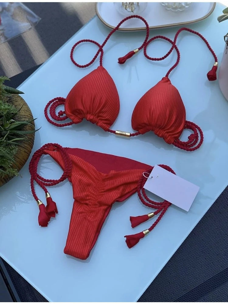 Women's Halter Tie Tassel Detail Two Piece Water Outfit Adjustable Side Drawstring Separated Swim Set for Beach Vacation Outfits