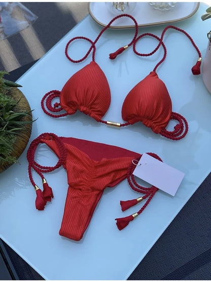 Women's Halter Tie Tassel Detail Two Piece Water Outfit Adjustable Side Drawstring Separated Swim Set for Beach Vacation Outfits