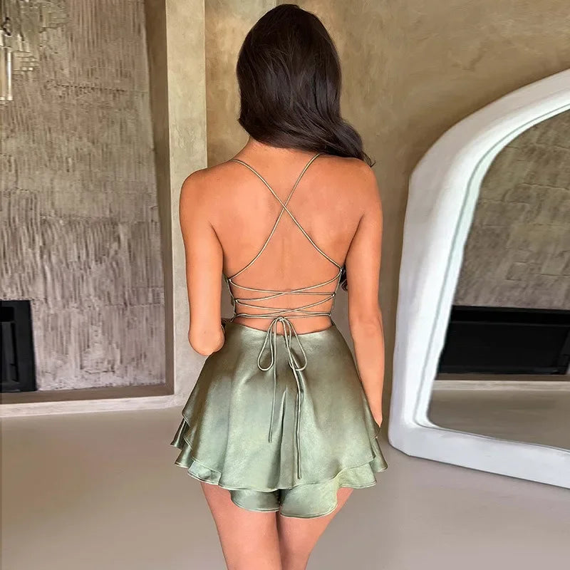 Women Sexy Satin Sleeveless Cami Playsuit Solid Cowl Neck Cross Tie Backless Short Jumpsuit Fashion Slim Fit Summer Romper