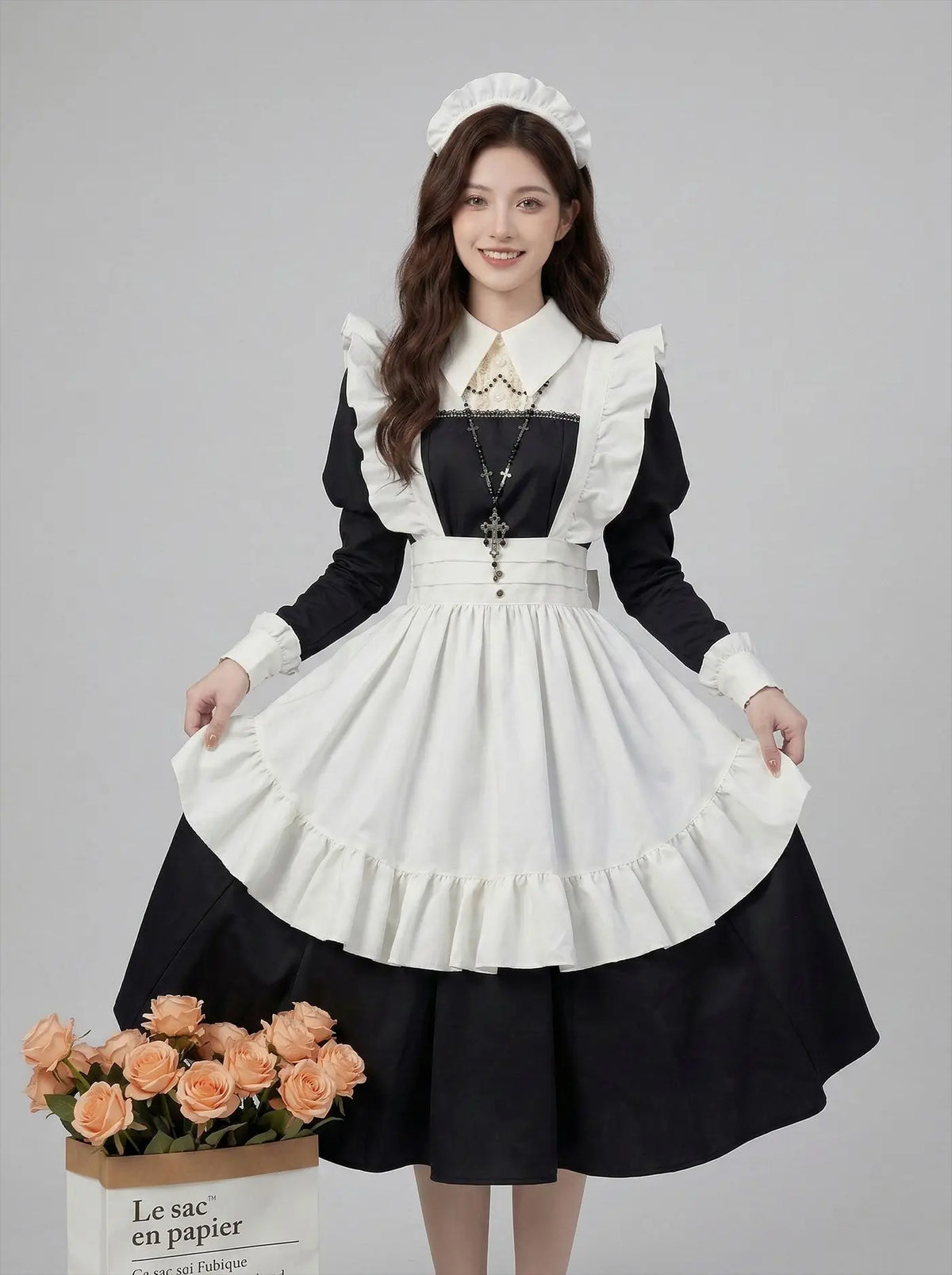 Women's Maid Lolita Dress Long Puff Sleeve Ruffle Apron Cosplay Costume with Headwear Theme Party Role Playing Outfits