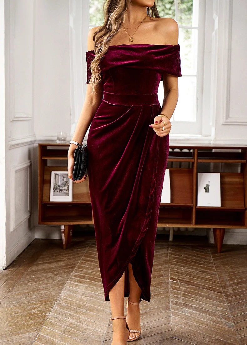 New Summer 2026 Women's Velvet Dress Sexy Off-shoulder Party Fashion Irregular One Shoulder Slim Fit Long Dress