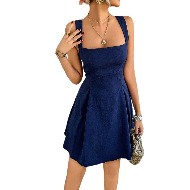 Summer Elegant Women's Dress Sexy Square Collar Solid Color High Waist A-Line Backless Dress Party Outfit Vestido