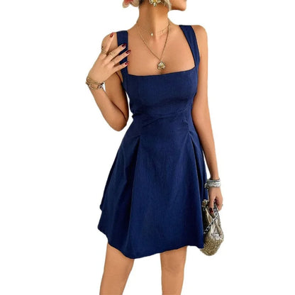 Summer Elegant Women's Dress Sexy Square Collar Solid Color High Waist A-Line Backless Dress Party Outfit Vestido