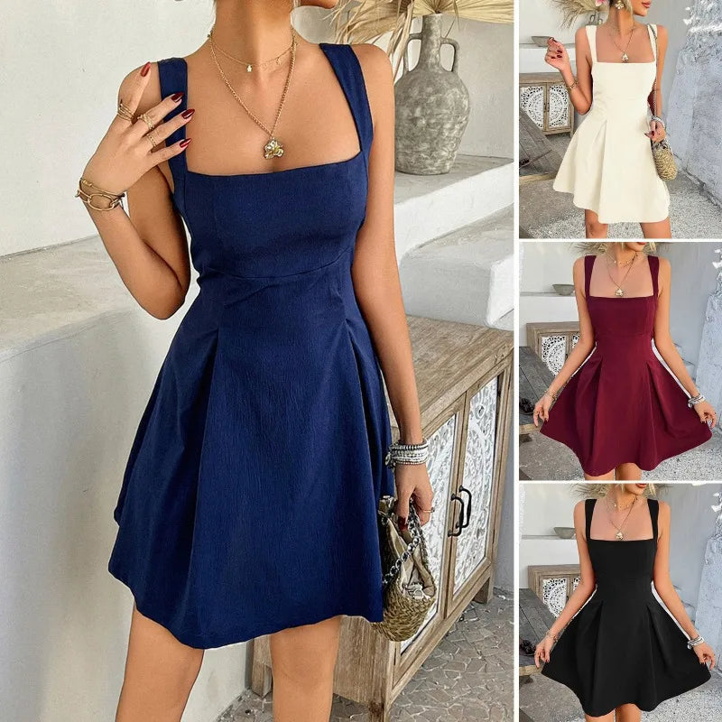 Summer Elegant Women's Dress Sexy Square Collar Solid Color High Waist A-Line Backless Dress Party Outfit Vestido