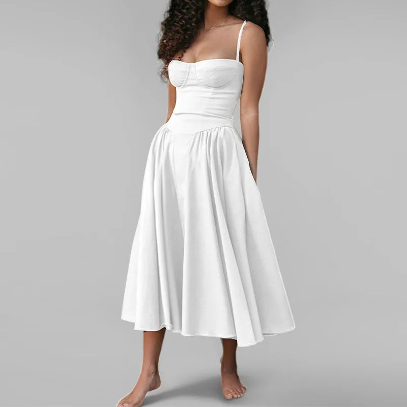 Women's French Retro Elegant V-Neck Sleeveless Slip Dress Bohemian Floral Beach Sundress Sexy Slim Fit Waist Cinched Long Dress