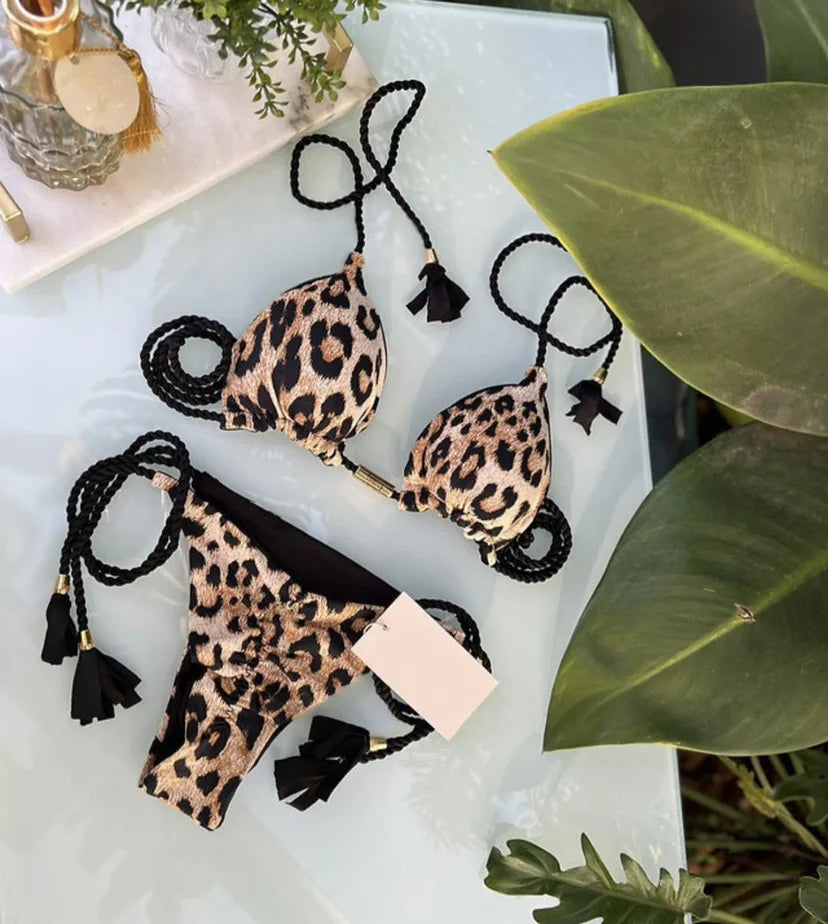 Women's Halter Tie Tassel Detail Two Piece Water Outfit Adjustable Side Drawstring Separated Swim Set for Beach Vacation Outfits