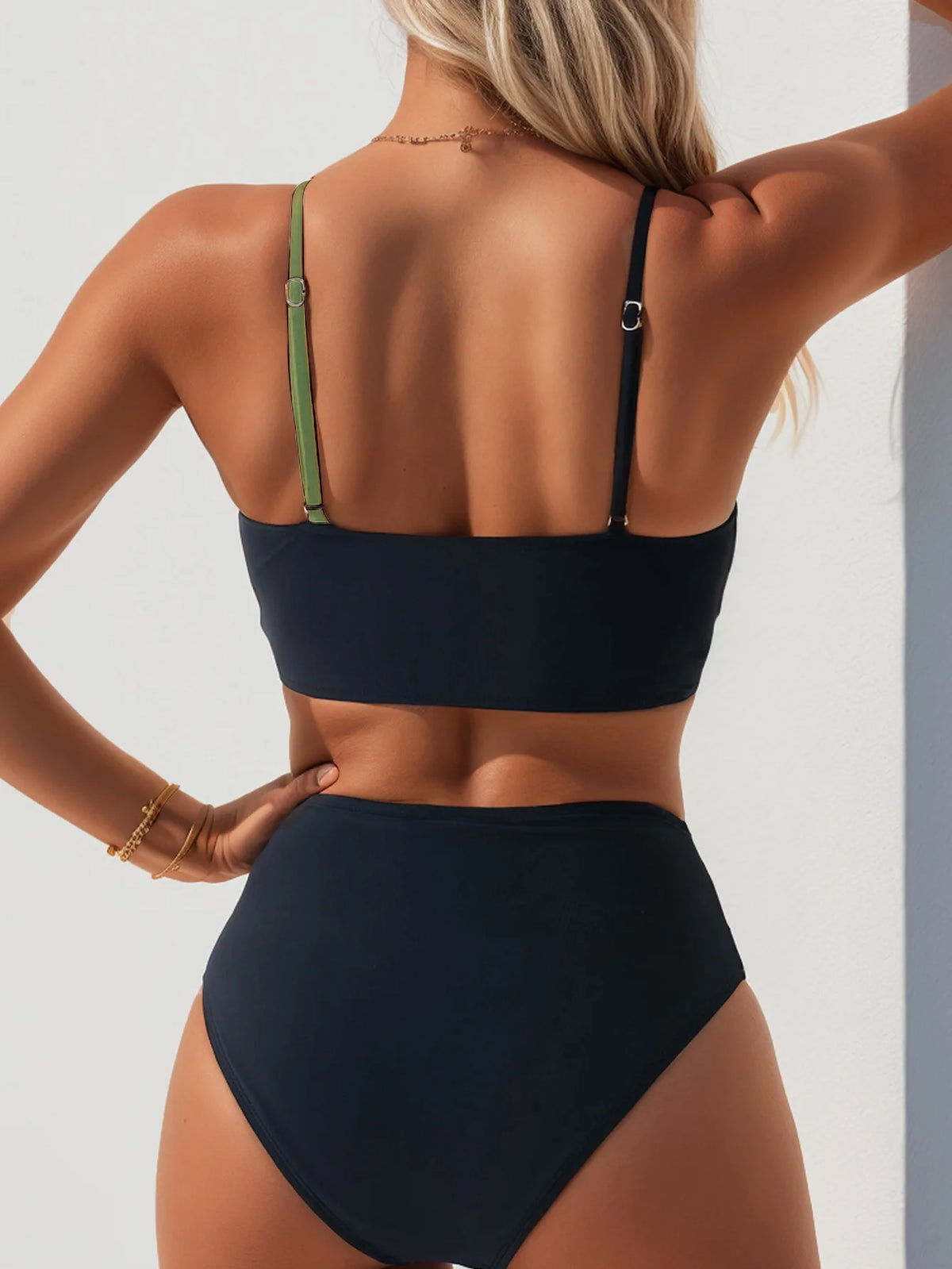Women's Sexy Solid Color V-Neck Gather Backless Bikini Set 2 Piece High Waist Beach Pool Bathing Suits