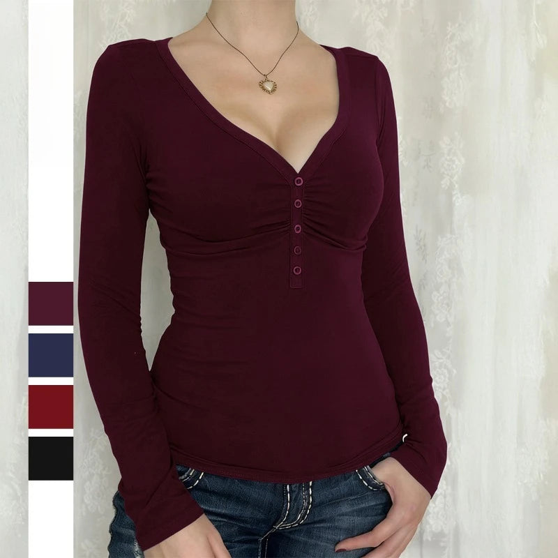Women Y2K Slim Button V-Neck Long Sleeve Knitted T-Shirt Female Clothing Temperament Commuting Women Solid Casual Skinny Top