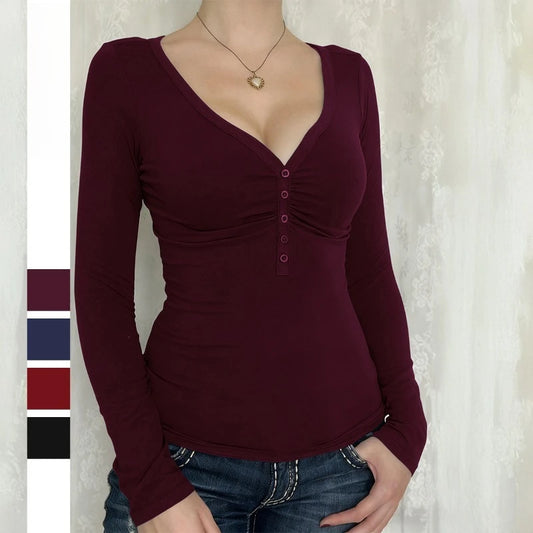 Women Y2K Slim Button V-Neck Long Sleeve Knitted T-Shirt Female Clothing Temperament Commuting Women Solid Casual Skinny Top