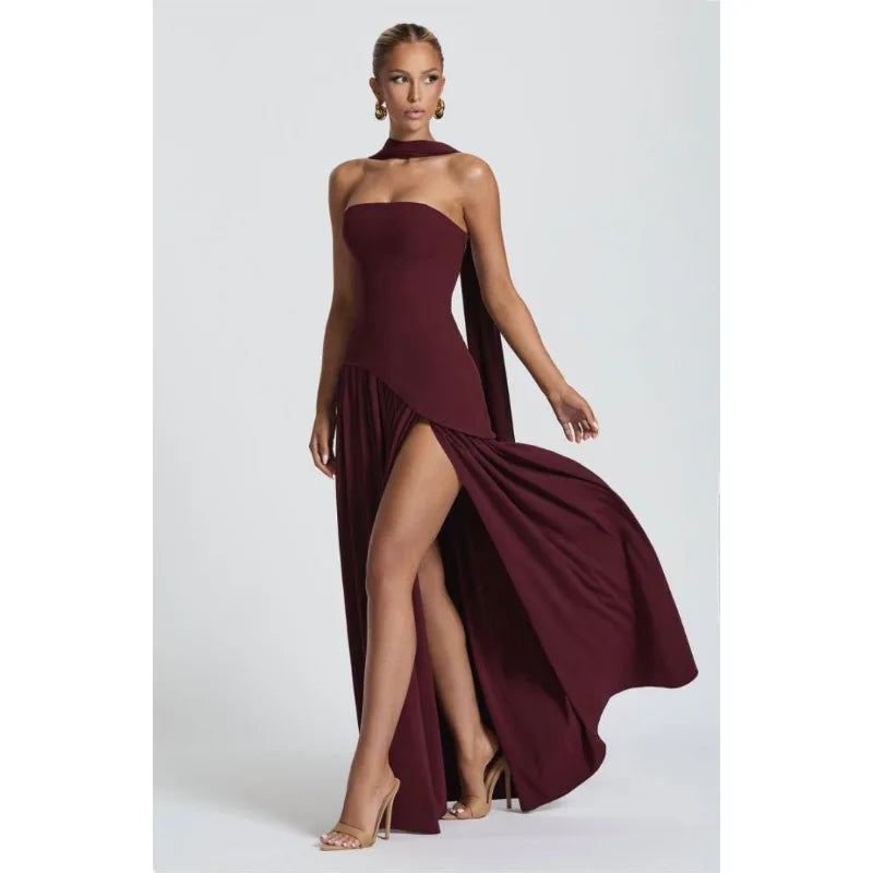 Women Strapless Asymmetrical Maxi Dress with Detachable Neck Wrap Pleated Flowy Long Evening Party Gown