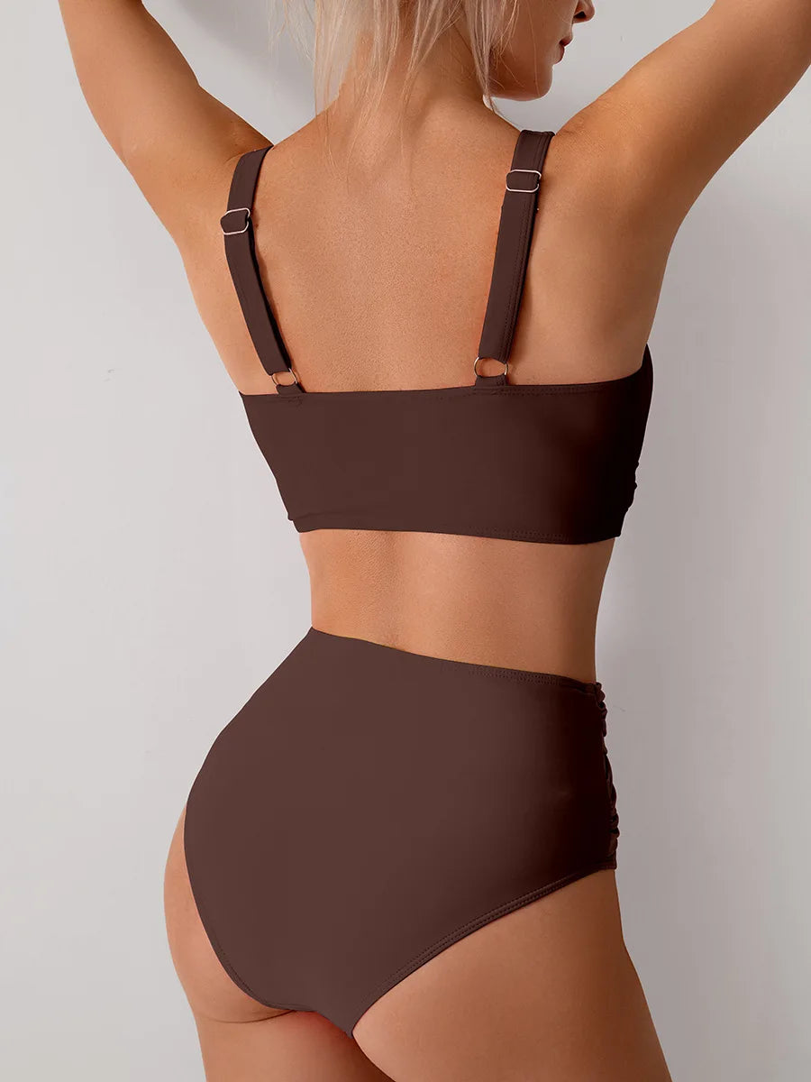 Women's Sexy Solid Color High Waist Bikini Set with Chest Pad Split Two-Piece Beach Pool Bathing Suits