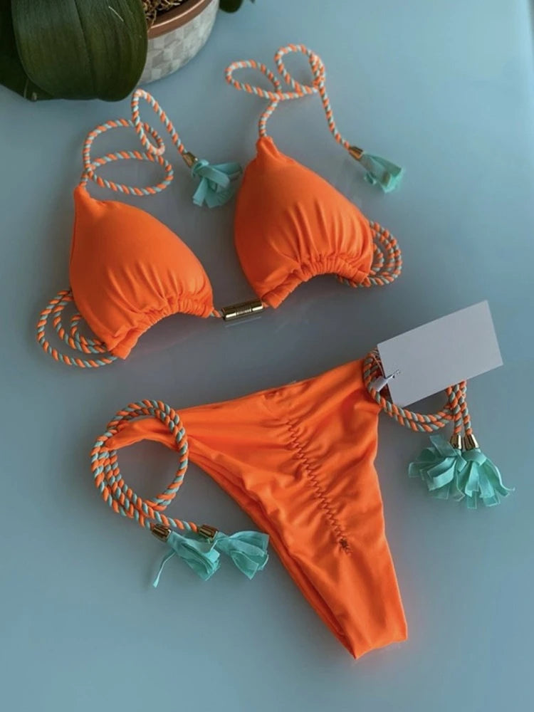 Women's Halter Tie Tassel Detail Two Piece Water Outfit Adjustable Side Drawstring Separated Swim Set for Beach Vacation Outfits