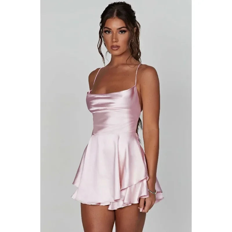 Women Sexy Satin Sleeveless Cami Playsuit Solid Cowl Neck Cross Tie Backless Short Jumpsuit Fashion Slim Fit Summer Romper