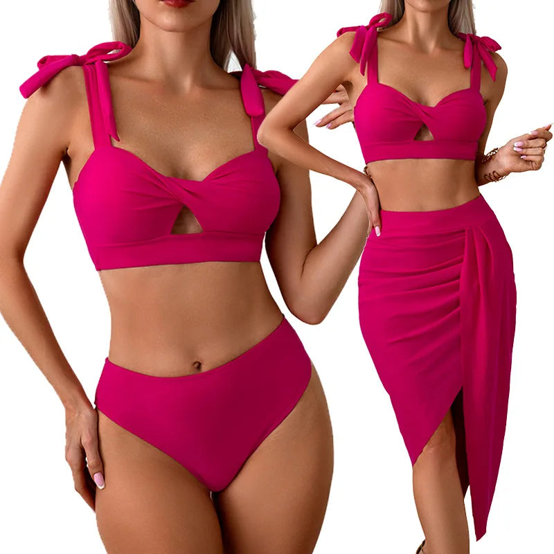Women's Sexy Round Neck Solid Color Swimming Set High Waist Bikini with Skirt and Underpants 3-Piece Set for Seabeach