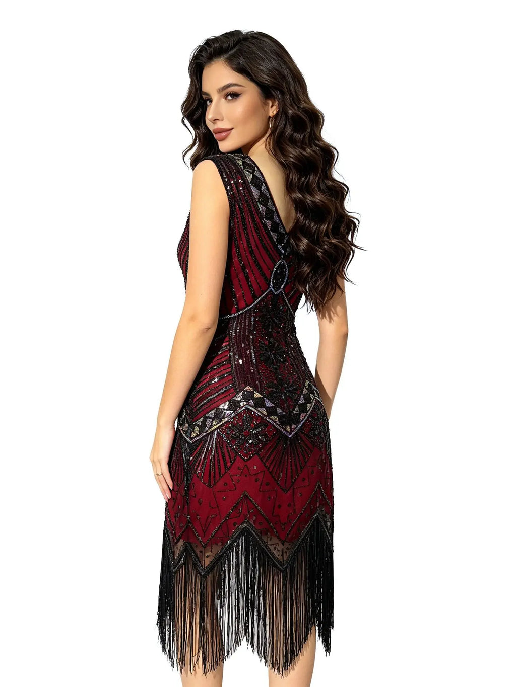 Women 1920s Flapper Dress Vintage Gatsby Beaded Sequin Fringe Midi Dress Sleeveless V Neck Roaring 20s Party Costume