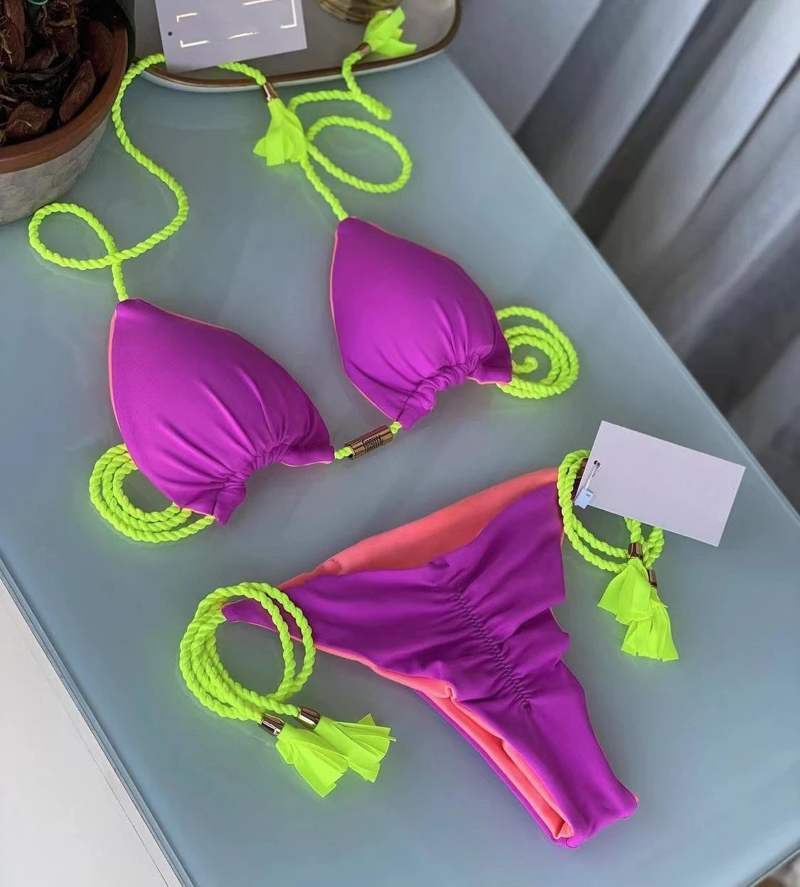 Women's Halter Tie Tassel Detail Two Piece Water Outfit Adjustable Side Drawstring Separated Swim Set for Beach Vacation Outfits