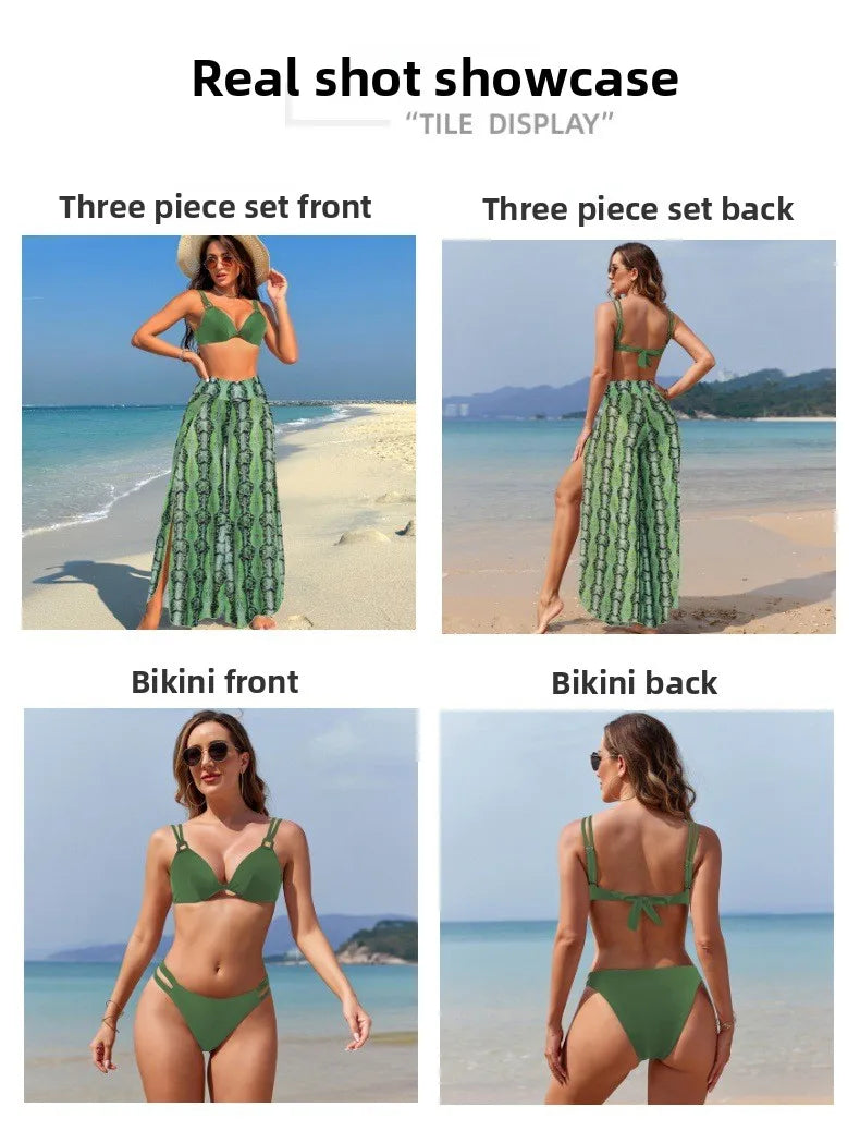 Women's Three-Piece Printed Swimsuit Set Fashion Split Bikini with Board Shorts Three-Piece Swimwear Summer Beachwear