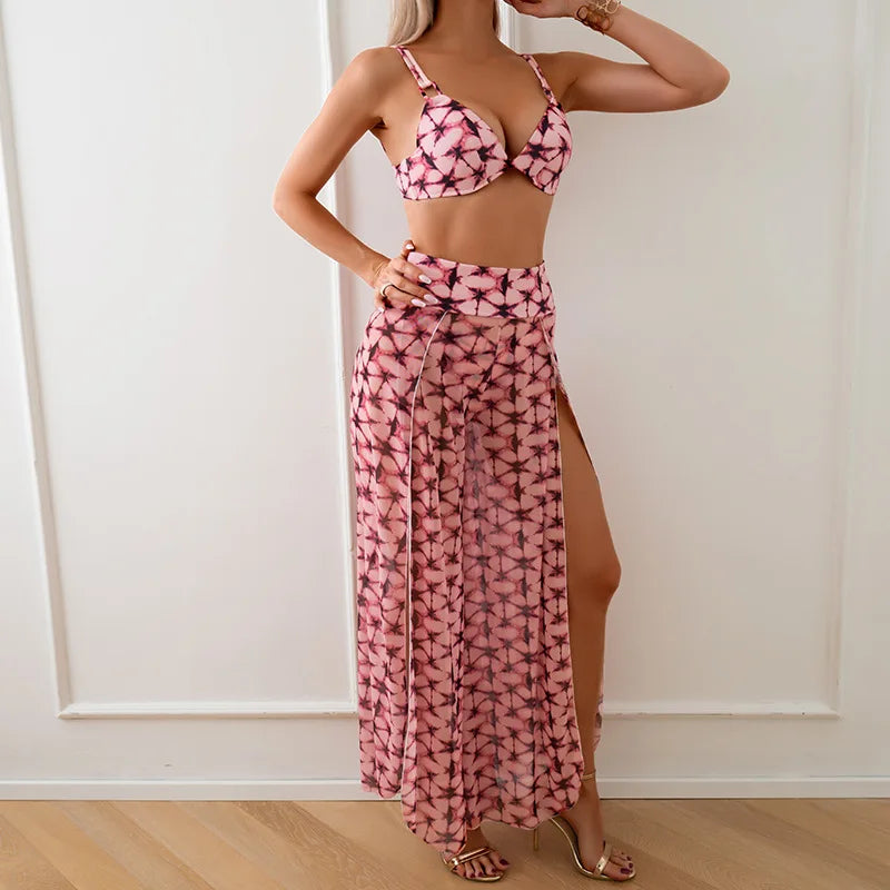 Women's Three-Piece Printed Swimsuit Set Fashion Split Bikini with Board Shorts Three-Piece Swimwear Summer Beachwear