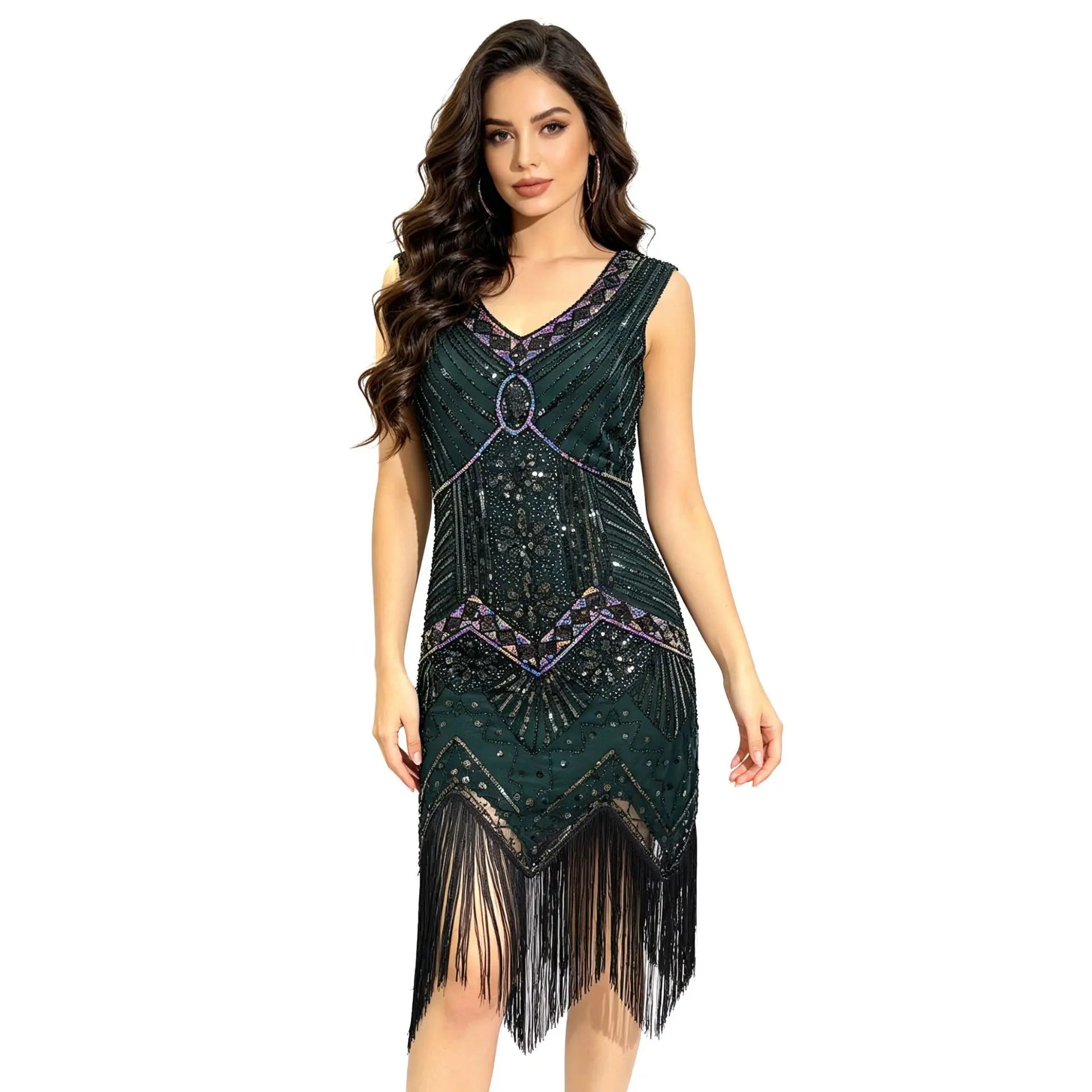 Women 1920s Flapper Dress Vintage Gatsby Beaded Sequin Fringe Midi Dress Sleeveless V Neck Roaring 20s Party Costume