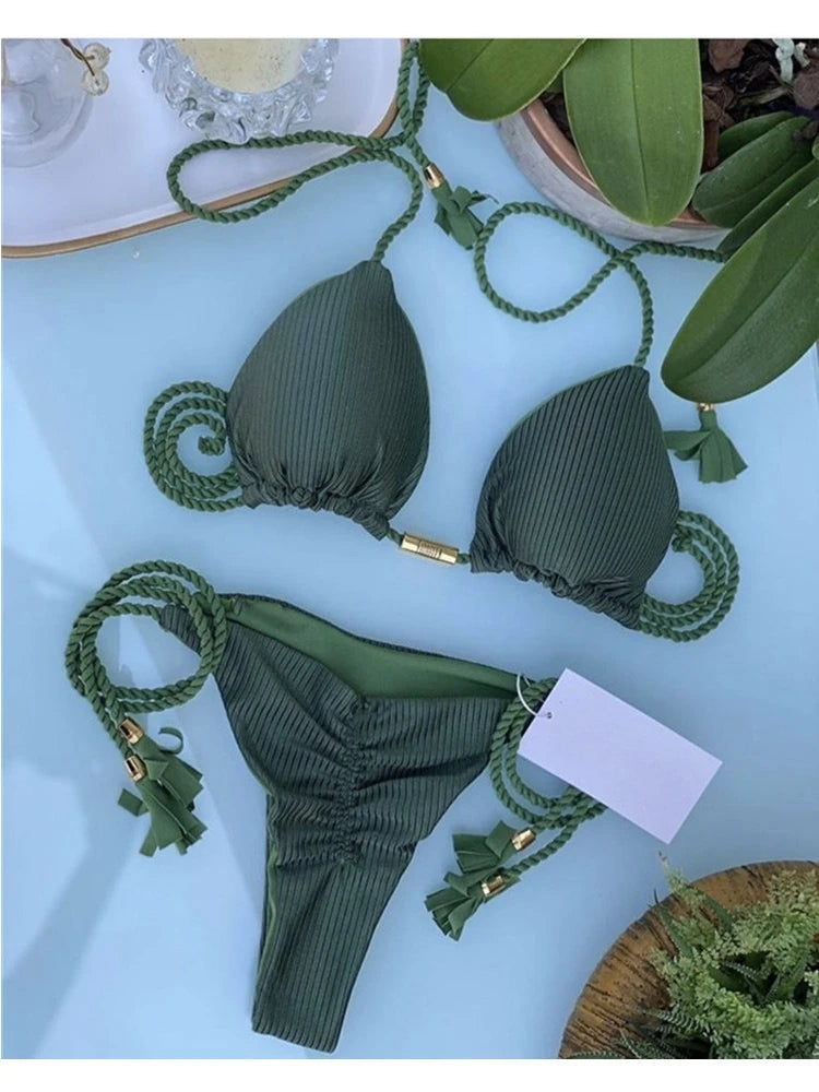 Women's Halter Tie Tassel Detail Two Piece Water Outfit Adjustable Side Drawstring Separated Swim Set for Beach Vacation Outfits