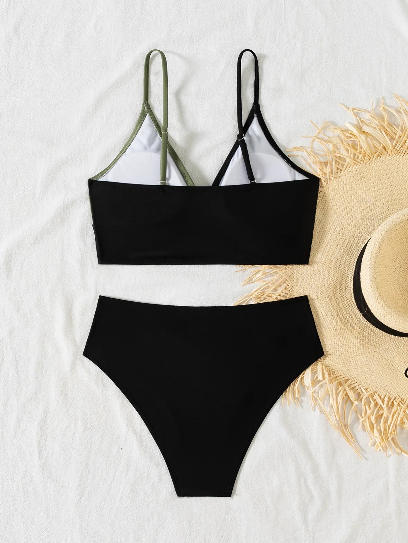 Women's Sexy Solid Color V-Neck Gather Backless Bikini Set 2 Piece High Waist Beach Pool Bathing Suits