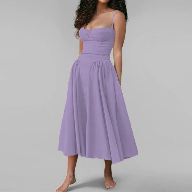 Women's French Retro Elegant V-Neck Sleeveless Slip Dress Bohemian Floral Beach Sundress Sexy Slim Fit Waist Cinched Long Dress