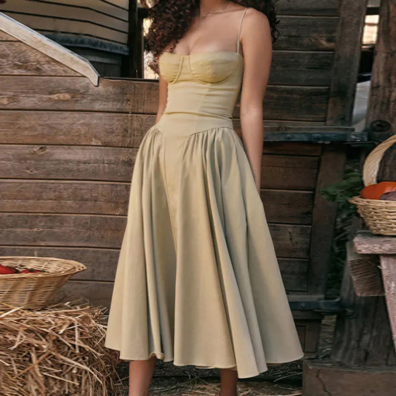 Women's French Retro Elegant V-Neck Sleeveless Slip Dress Bohemian Floral Beach Sundress Sexy Slim Fit Waist Cinched Long Dress