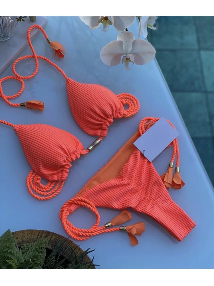 Women's Halter Tie Tassel Detail Two Piece Water Outfit Adjustable Side Drawstring Separated Swim Set for Beach Vacation Outfits