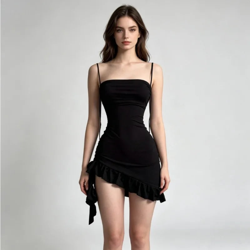 Women Lace Up Black Bodycon Dresses Strapless Backless Mini Dress Party Evening Sexy Slim Fit Ruffles Sundress