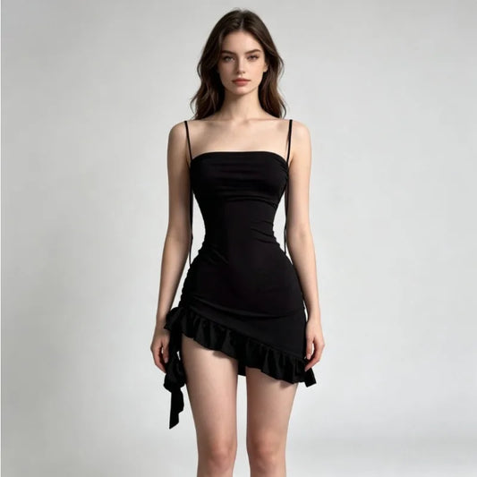 Women Lace Up Black Bodycon Dresses Strapless Backless Mini Dress Party Evening Sexy Slim Fit Ruffles Sundress