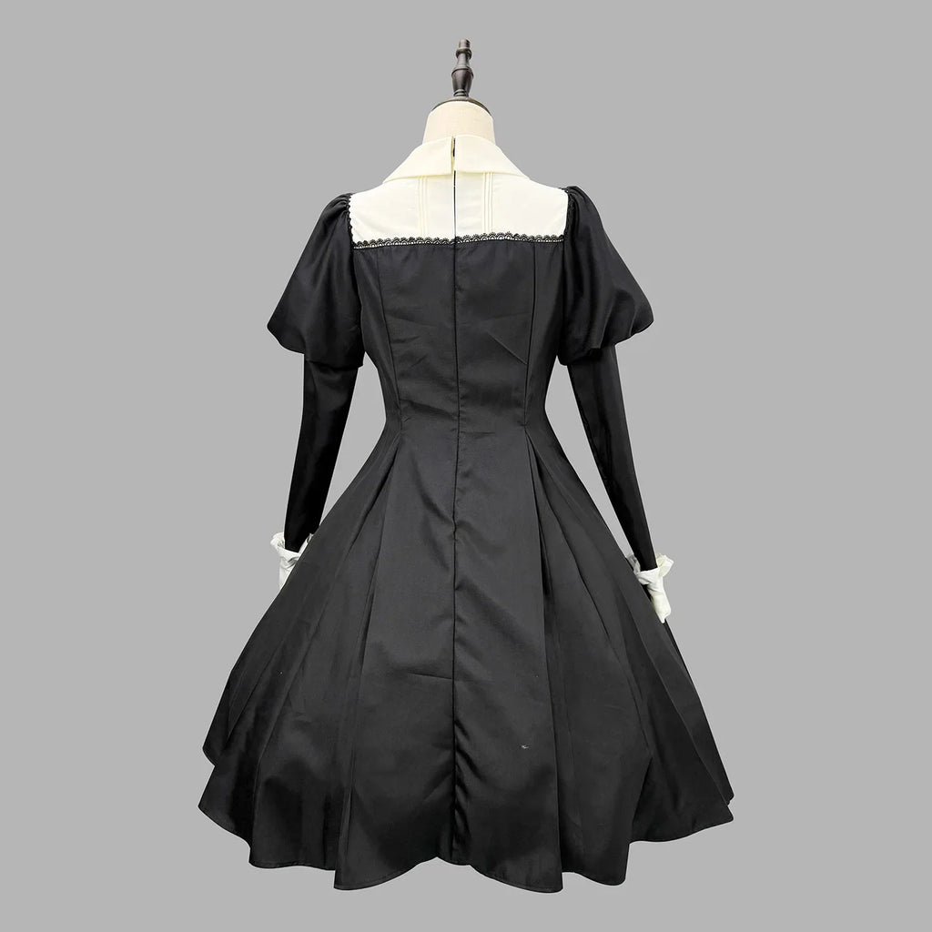 Women's Maid Lolita Dress Long Puff Sleeve Ruffle Apron Cosplay Costume with Headwear Theme Party Role Playing Outfits