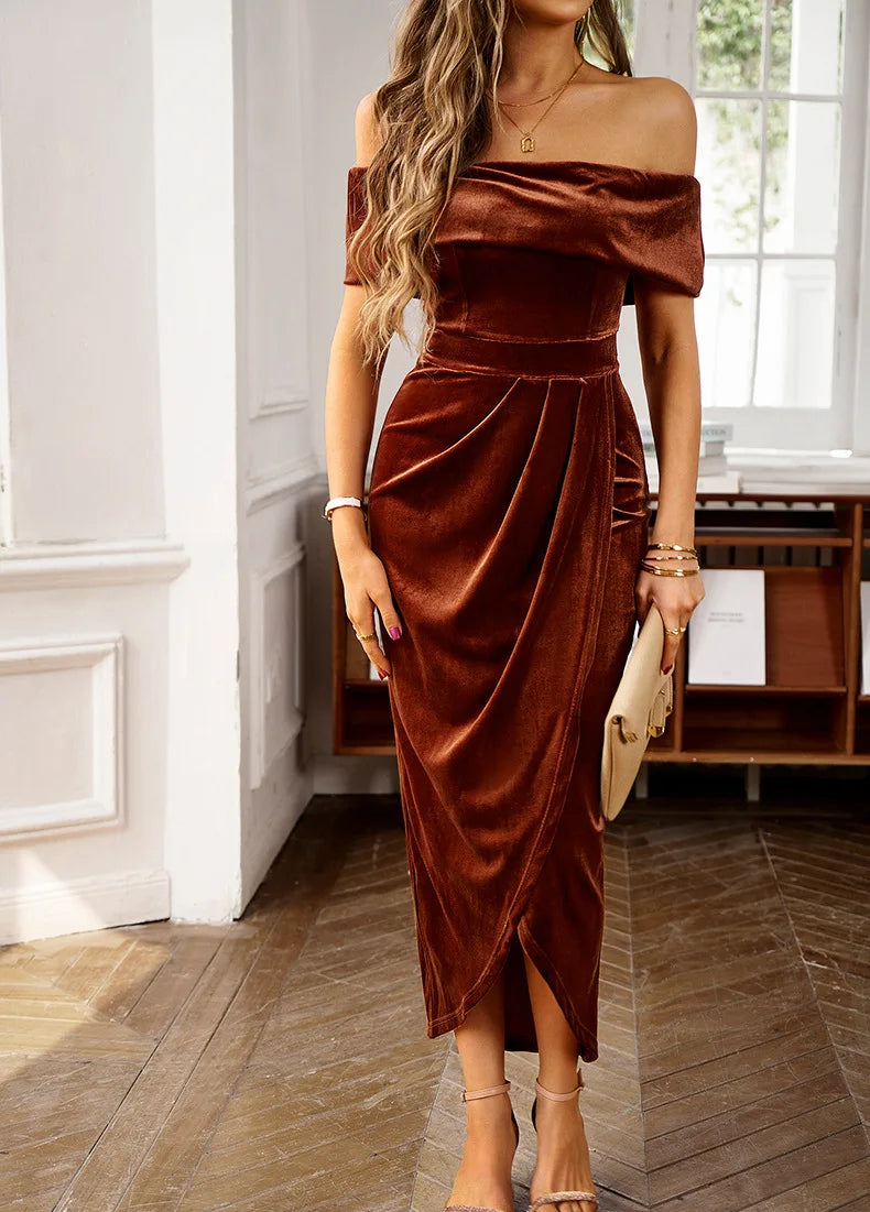 New Summer 2026 Women's Velvet Dress Sexy Off-shoulder Party Fashion Irregular One Shoulder Slim Fit Long Dress