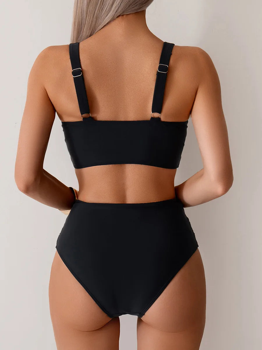 Women's Sexy Solid Color High Waist Bikini Set with Chest Pad Split Two-Piece Beach Pool Bathing Suits
