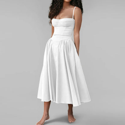 Women's French Retro Elegant V-Neck Sleeveless Slip Dress Bohemian Floral Beach Sundress Sexy Slim Fit Waist Cinched Long Dress