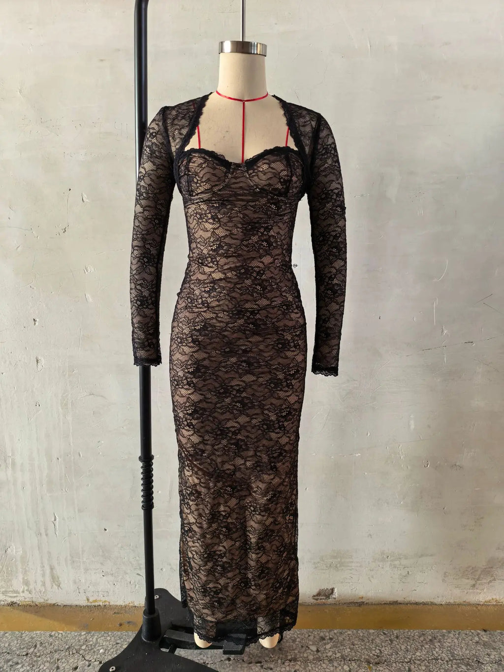 Women Halter Thin Strap Bustier Long Sleeve Shrug Sheer Floral Lace Bodycon Maxi Evening Gown Solid See Through Party Dress